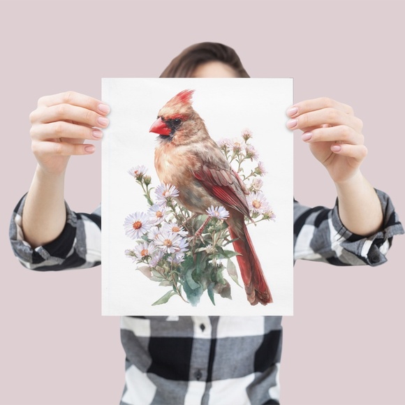 Watercolor Female Cardinal Bird with Flowers Wall Art Print Unframed - Picture 4 of 6